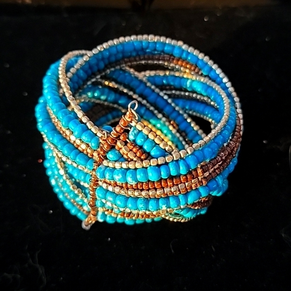 Turquoise Gray Siver Seed Bead Bangle Wrap Bracelet 2" Wide Criss Cross Cuff - Picture 2 of 6
